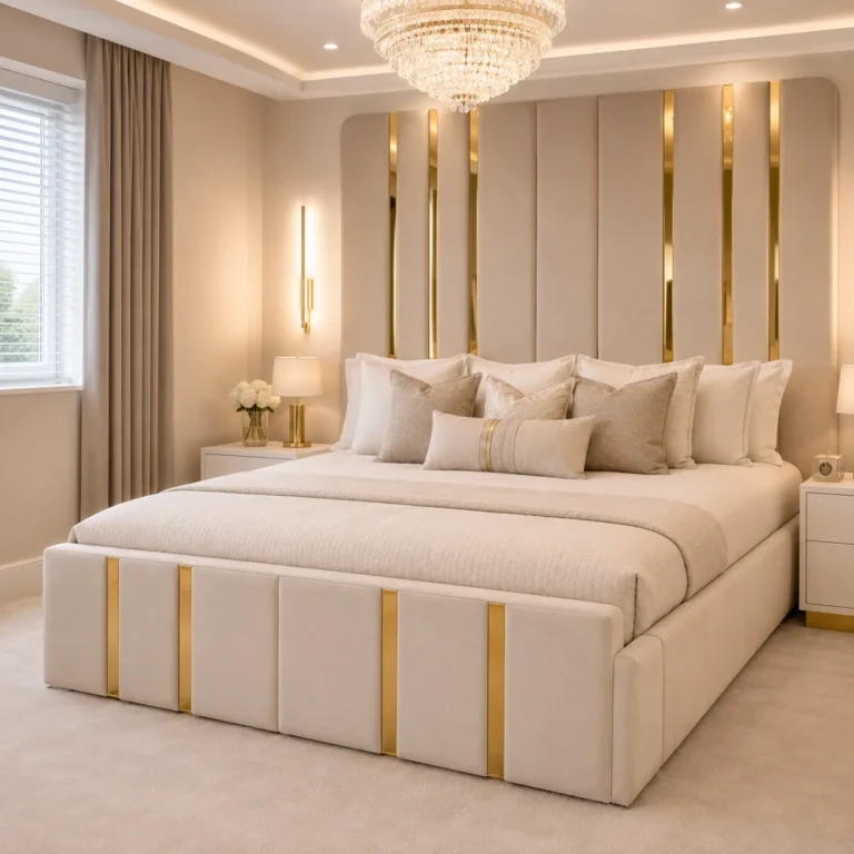 Luxury Upholstered Bed Frame with Gold Vertical Panel Detailing Headboard