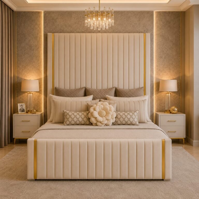 Luxury High Headboard Plush Velvet Bed Frame with Gold Trim