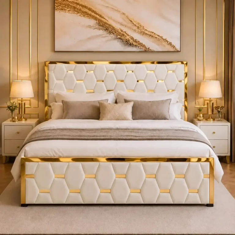 Luxury  Plush Fabric Bed Frame with 54" Gold Trim Headboard